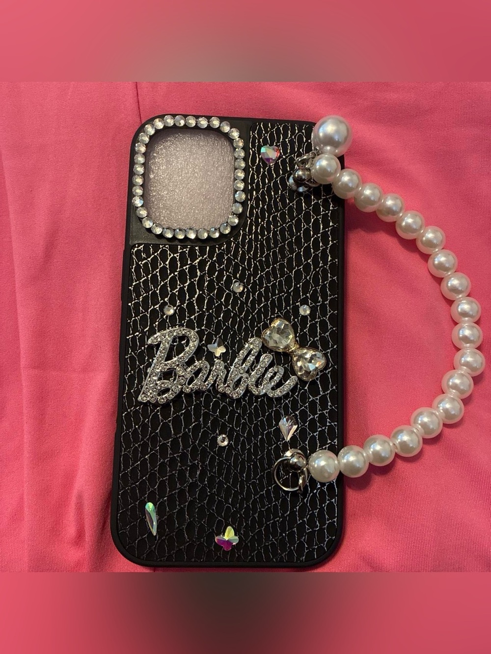 Barbie Black Rhinestone Phone Case with Pearl Strap